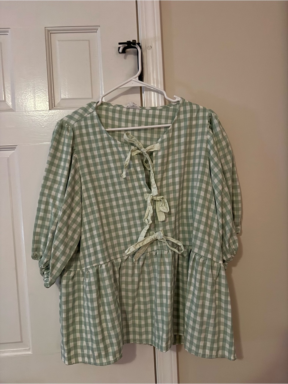 Chic Soul Sage Green Gingham Tie-Front Peplum Top